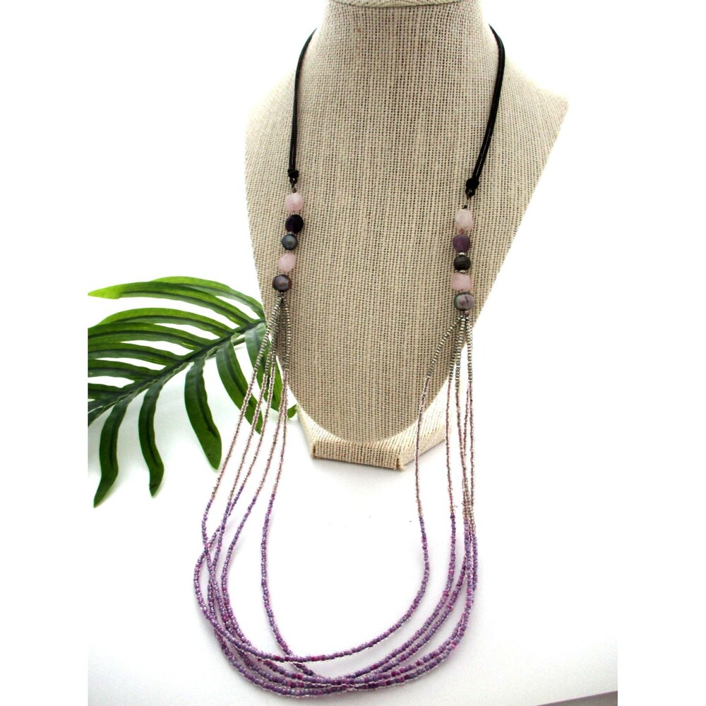 PEYOTE BIRD 925 Amethyst Peacock Pearl Rose Quartz Leather Seed Bead Necklace